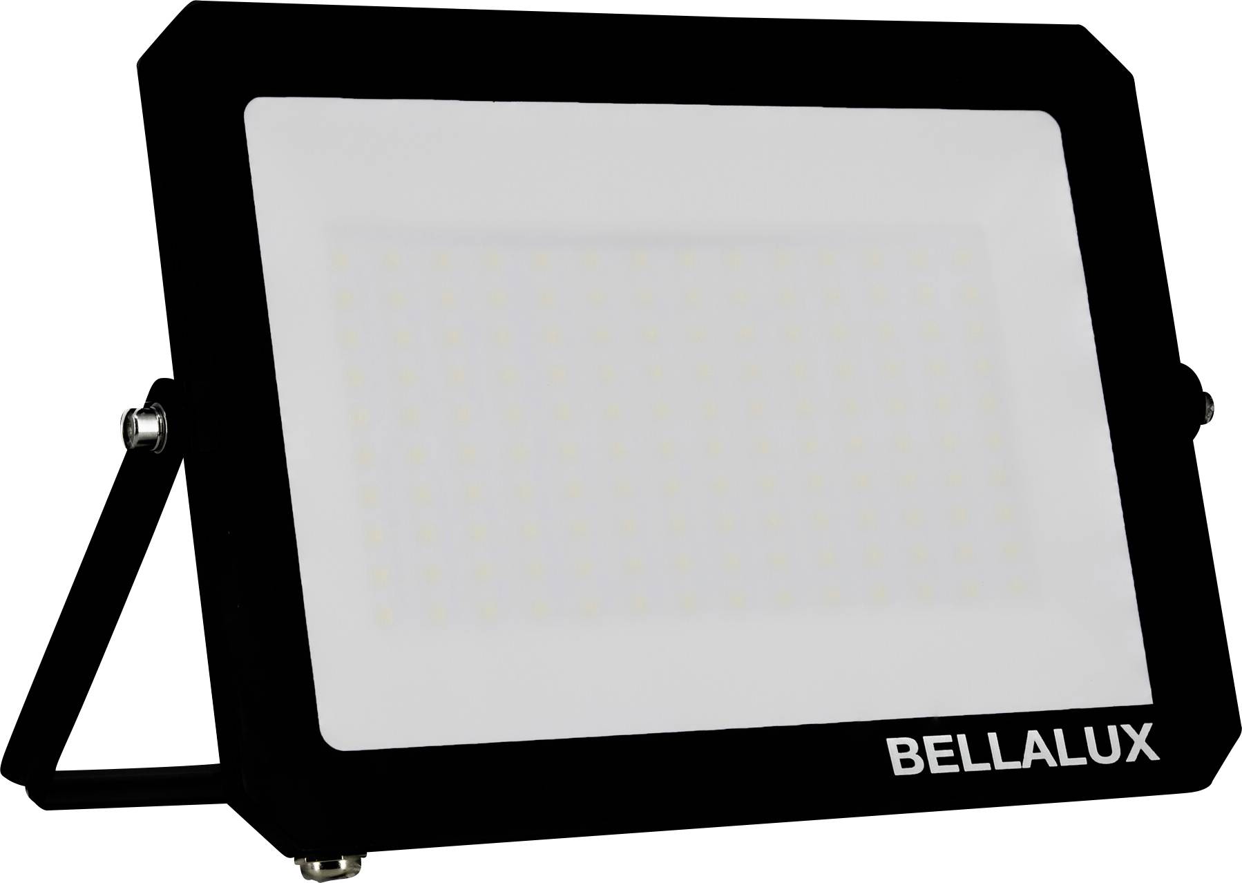 A rectangular LED floodlight with a black border and the brand 'BELLALUX' displayed on it, mounted on a stand at an angle.