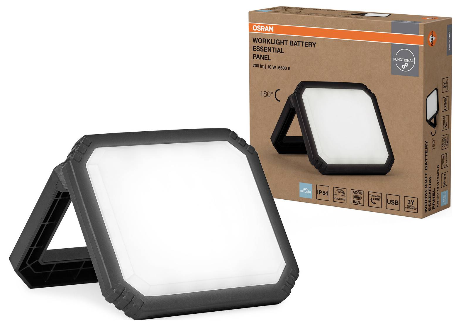 A worklight battery panel featuring a triangular stand design, shown next to its packaging. The box highlights features like IP54 rating and 700 lumens.