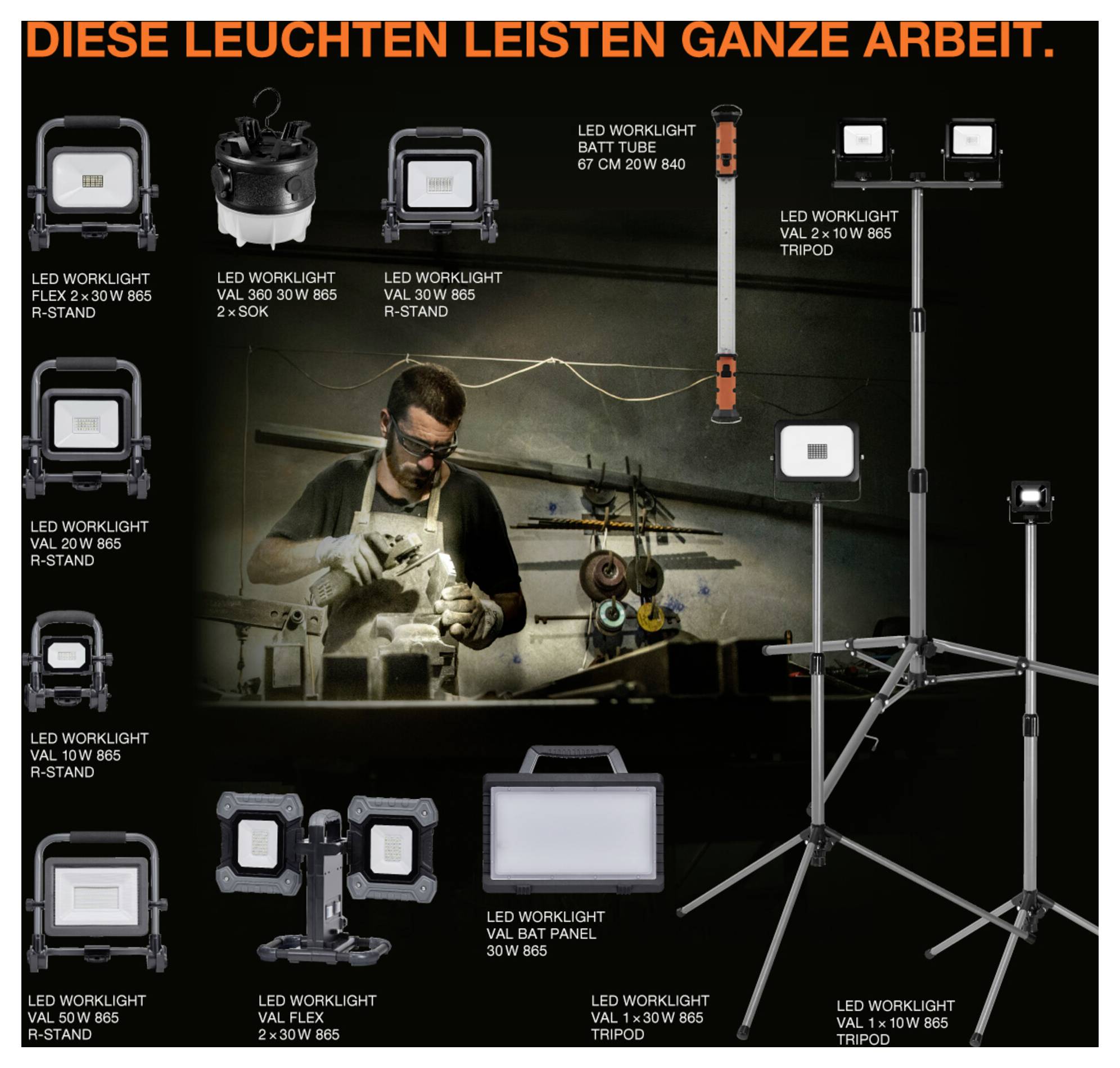 A workshop image features a person welding amid various LED worklight models. German text reads 'Diese Leuchten leisten ganze Arbeit.'