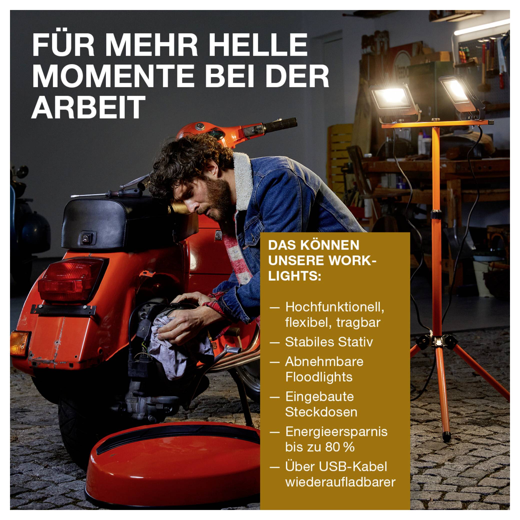'A man works on a scooter in a garage, illuminated by portable work lights. Text reads: "Für mehr helle Momente bei der Arbeit".'