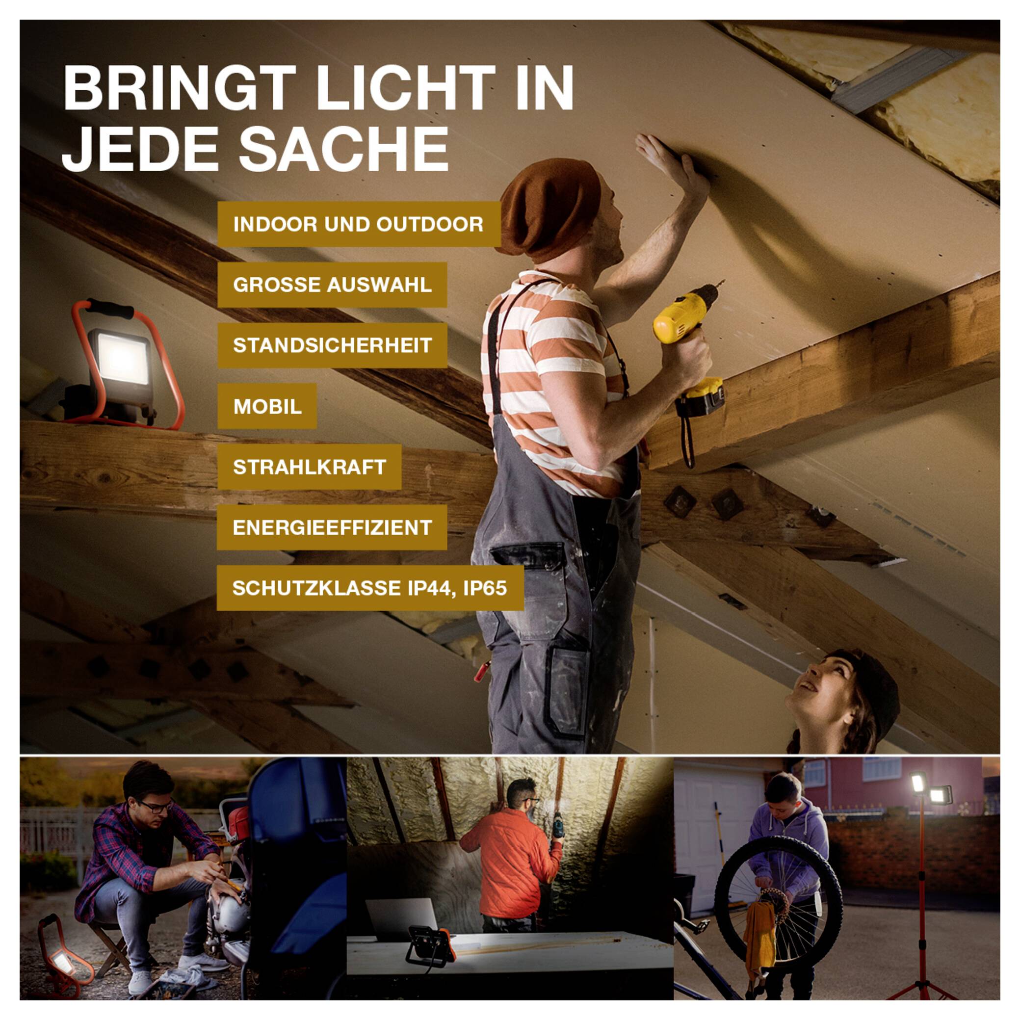 'A worker installs ceiling lights. Text reads: 'BRINGT LICHT IN JEDE SACHE' highlighting indoor, outdoor, mobility, energy efficiency.'