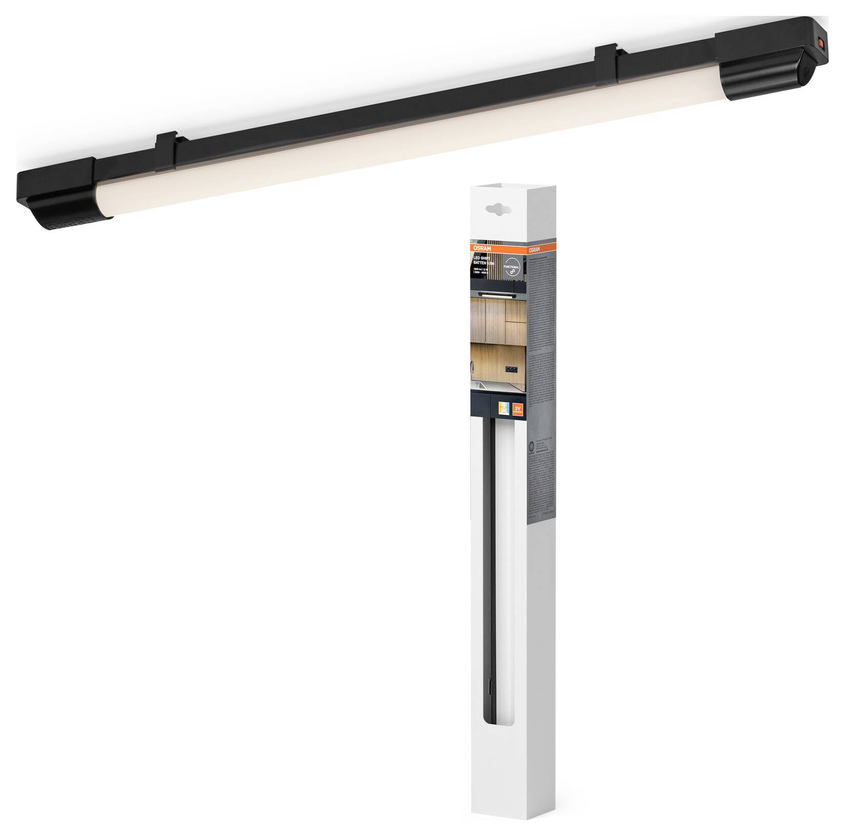 LED under-cabinet light with black end caps shown alongside its packaging, highlighting its sleek design and potential kitchen use.