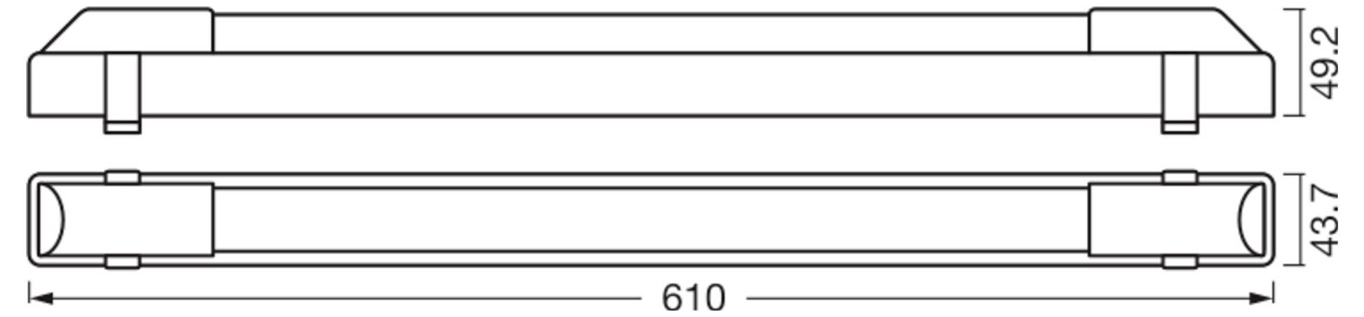 'Technical drawing of a rectangular object with dimensions 610 mm in length, 49.2 mm and 43.7 mm in height.'
