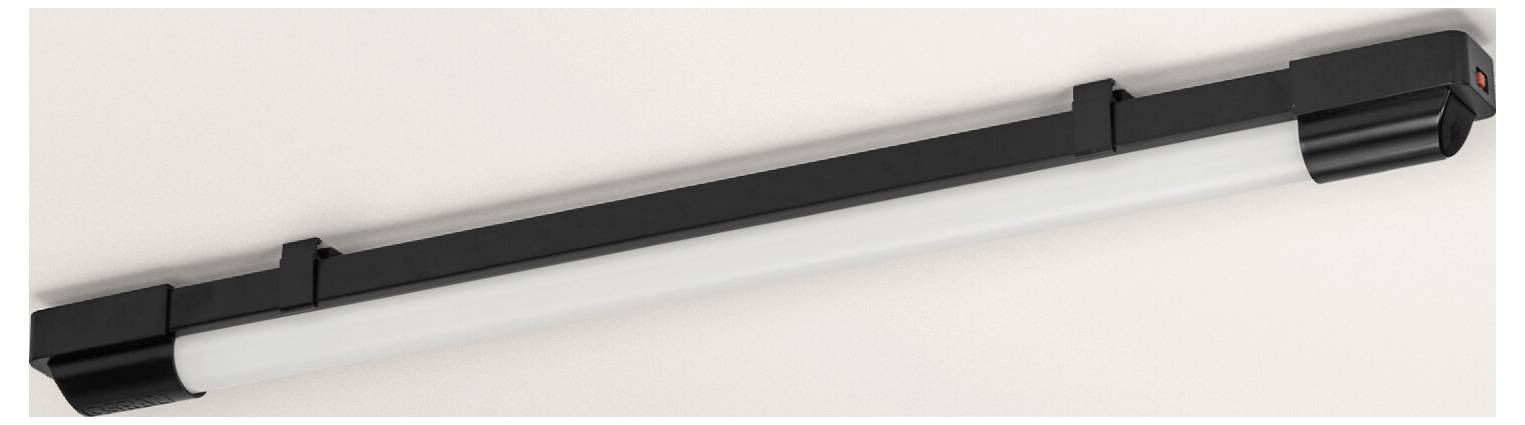 A black and white ceiling-mounted LED tube light fixture with a sleek, modern design.