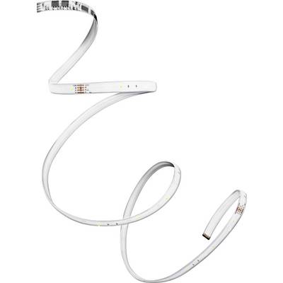 A flexible LED light strip, coiled in a spiral shape, showing small, evenly spaced lights along its length, set against a white background.