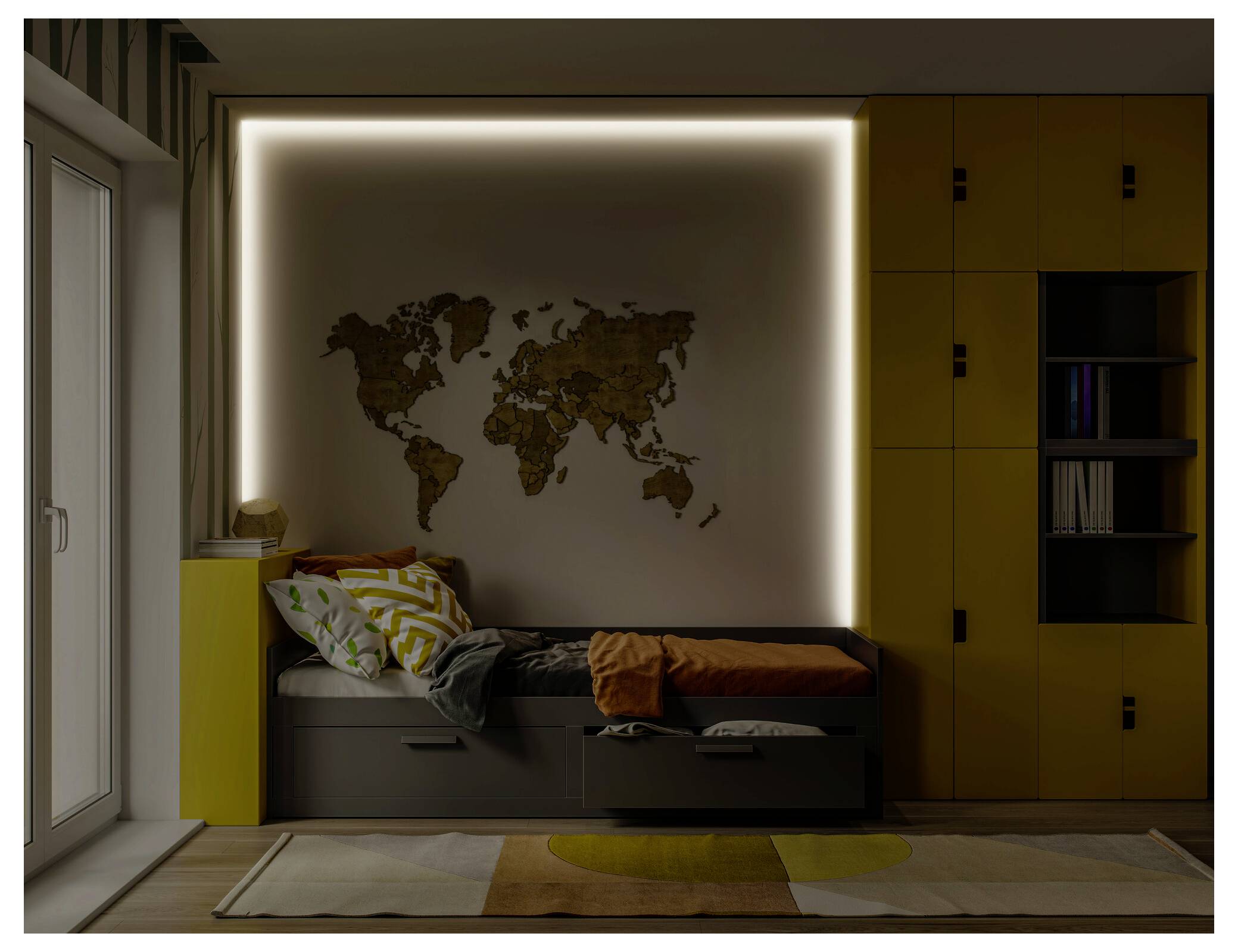 A modern bedroom with a bed featuring vibrant cushions, a glowing world map on the wall, and bright yellow cabinets.
