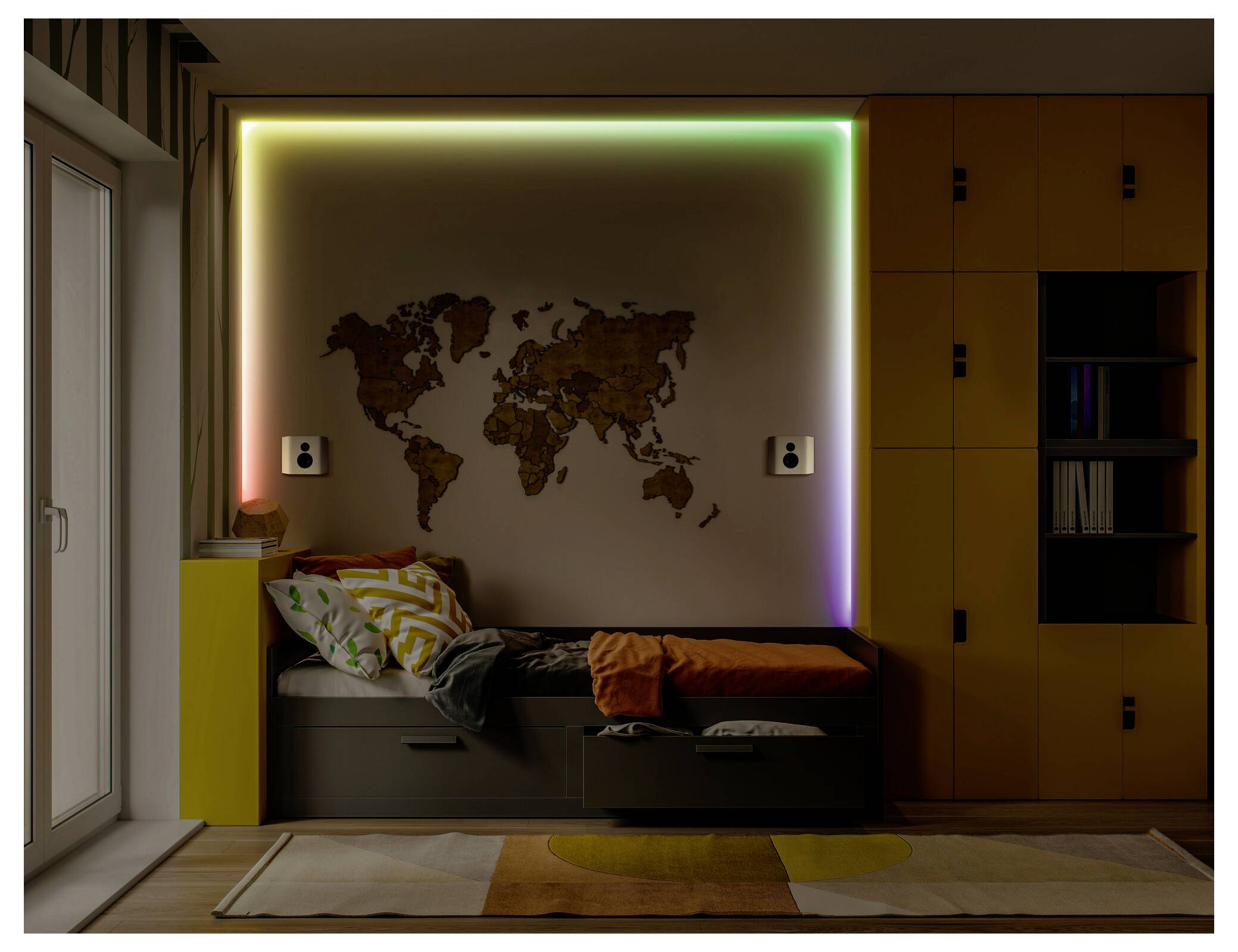 A cozy bedroom with a world map wall decor illuminated by LED strip lights. A bed with colorful pillows and a blanket is against the map.