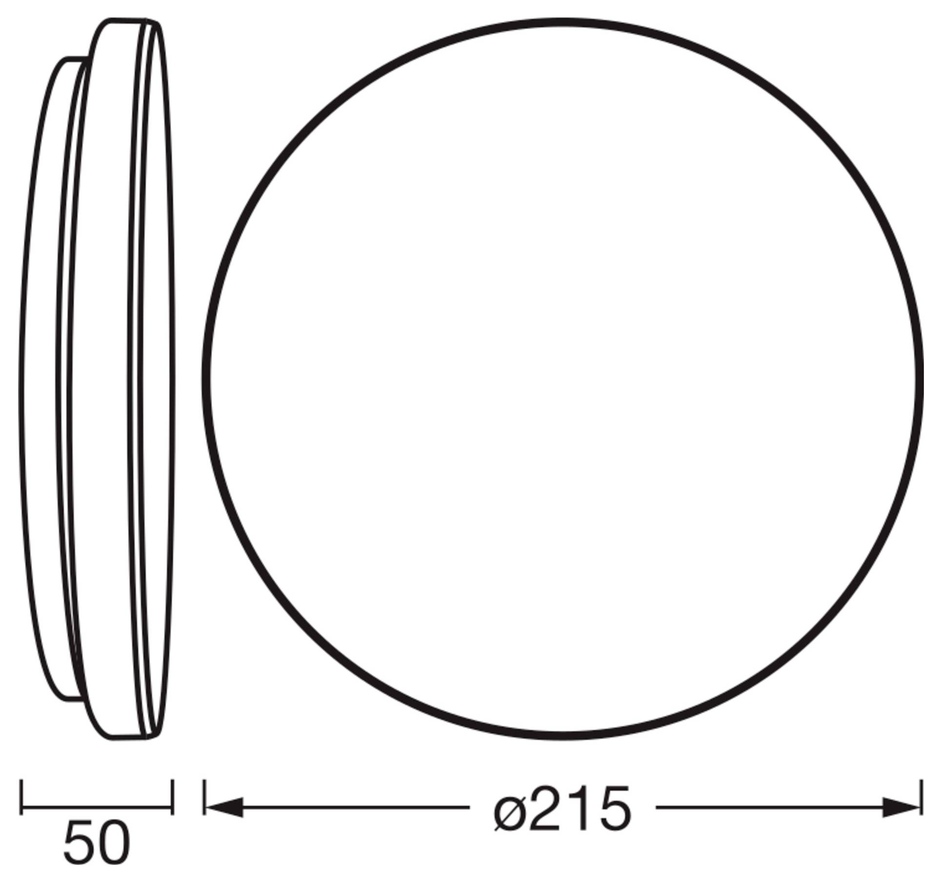 Diagram of a circular object with a diameter of 215 mm and a thickness of 50 mm, shown from side and top views.