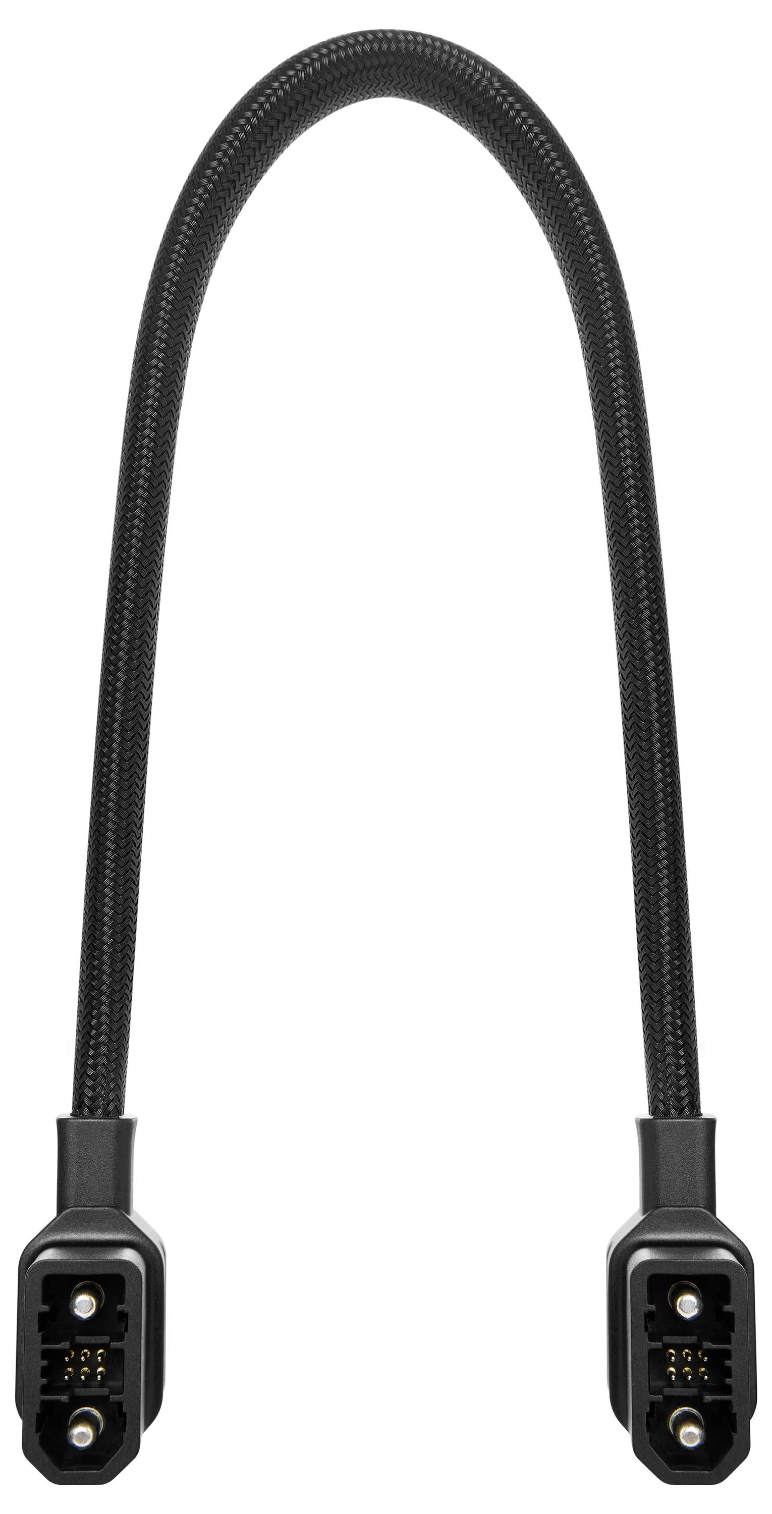 A curved black cable with identical connectors at each end, featuring visible gold contact points.