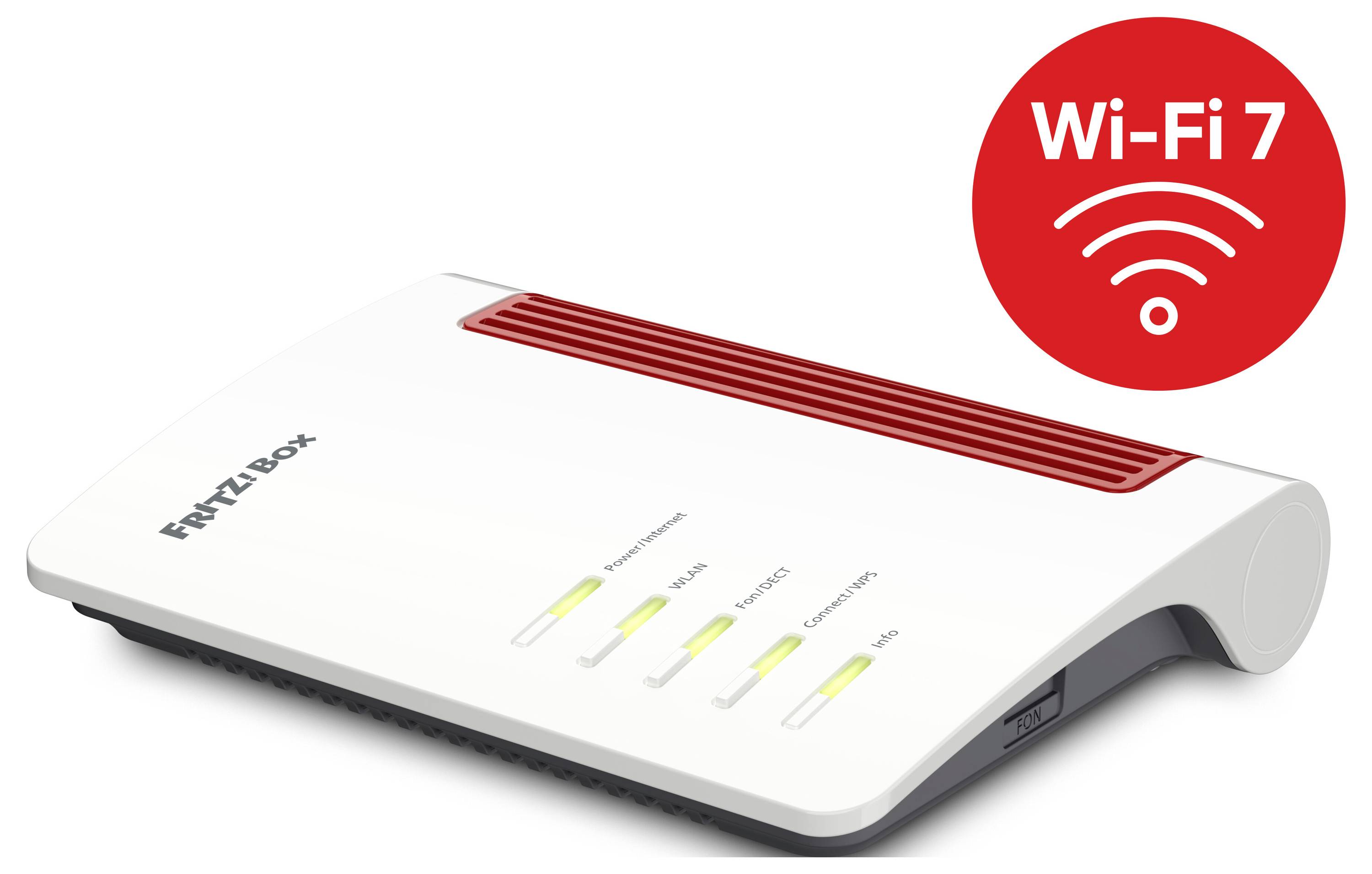 A white Wi-Fi router with red accents, brand labeled 'FRITZ!Box', alongside a red icon stating 'Wi-Fi 7'.