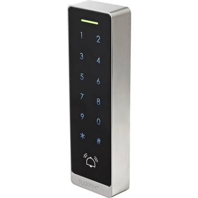 Wall-mounted access keypad with illuminated number buttons 0-9, star and pound, and a bell icon for door entry or intercom use.
