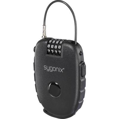 Black Sygonix combination cable lock with four-digit number dials and a flexible steel loop.