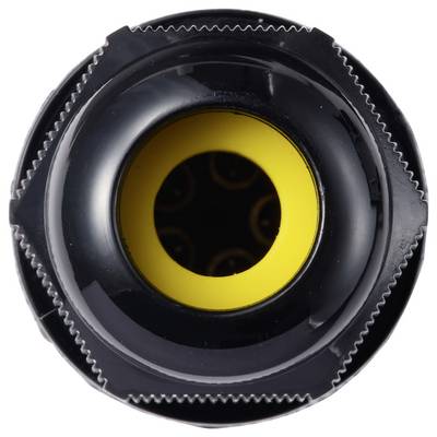 Close-up of a black circular mechanical connector or cap with a yellow center opening on a white background.