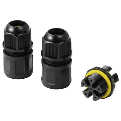 Three black cable gland fittings, two upright and one angled, with threaded ends and yellow sealing rings.