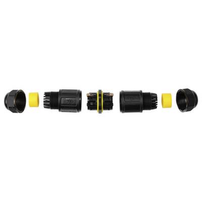 Exploded view of a black plastic pipe connector assembly with two yellow sealing rings and threaded end caps arranged in a straight line.