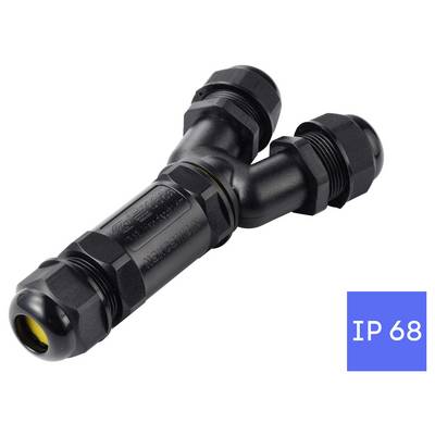 Black waterproof Y-shaped cable connector with 'IP68' label, shown on a white background.