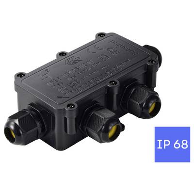 Black waterproof electrical junction box with three cable glands and an 'IP68' rating label.
