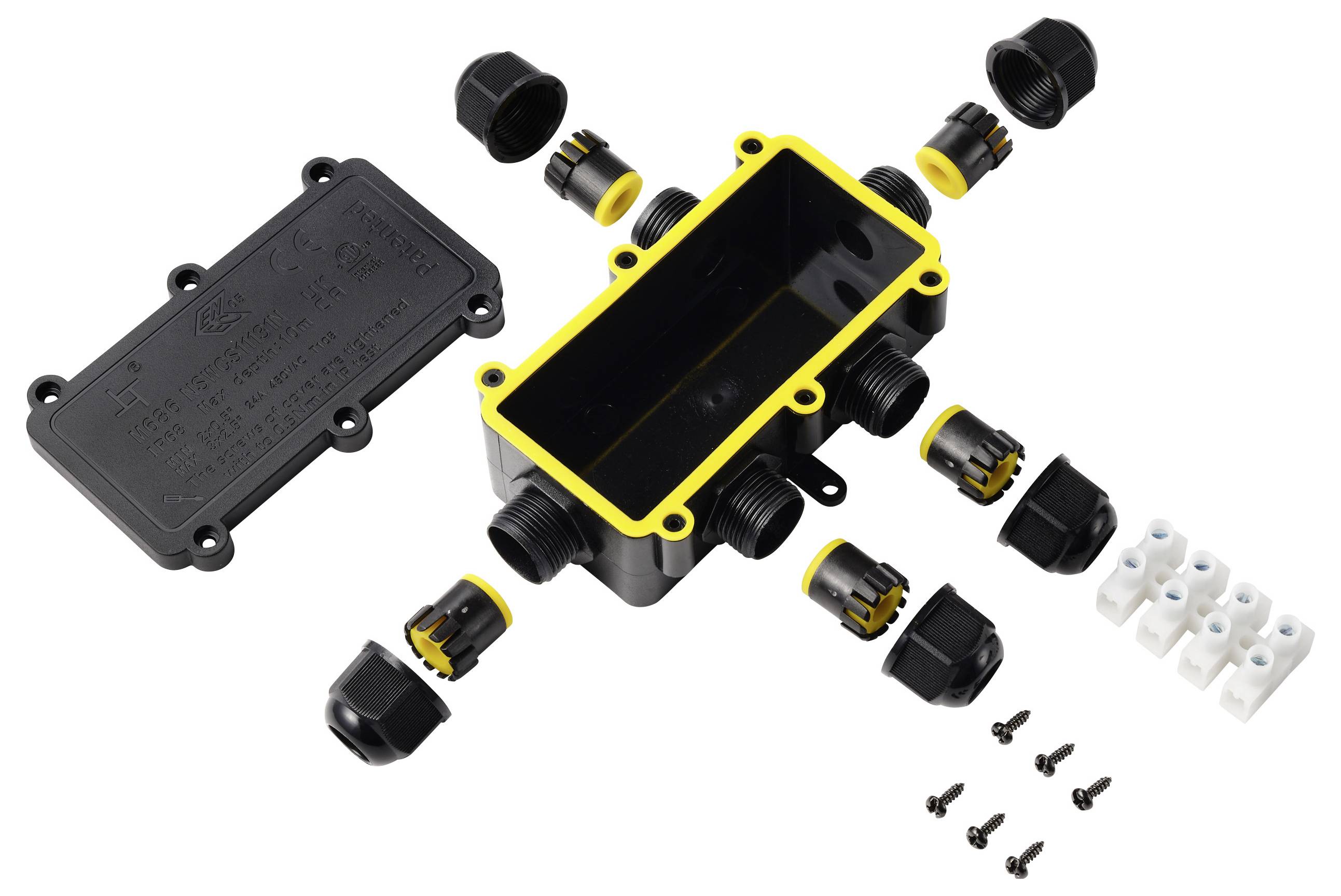 Exploded view of a black waterproof electrical junction box with yellow gasket, cable glands, screw-on lid, terminal blocks, and mounting screws.
