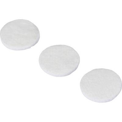 Three white, round cotton pads are evenly spaced against a plain background.
