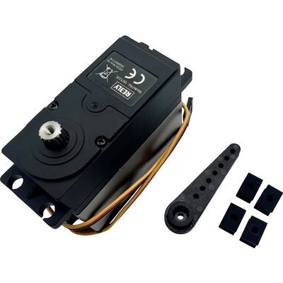 A black Reely servo motor with orange and brown wires, next to a black servo horn and four mounting blocks.