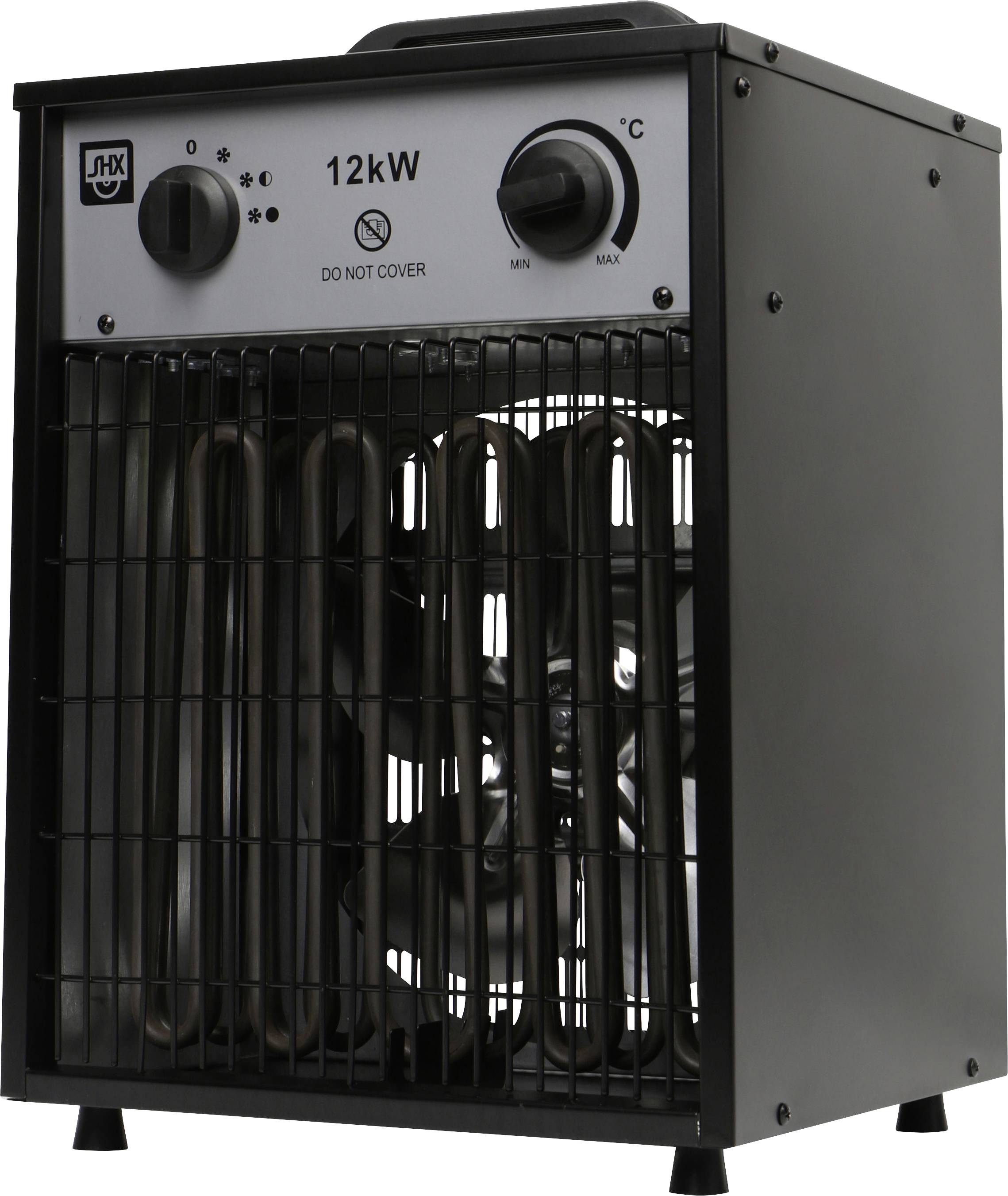 Black portable electric heater with front grille, 12kW label, and two control knobs for heat and temperature settings.