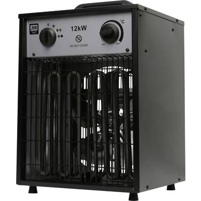 Black portable electric heater with front grille, 12kW label, and two control knobs for heat and temperature settings.