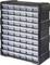 Black plastic storage organizer with many small transparent drawers, suitable for sorting hardware or craft supplies.