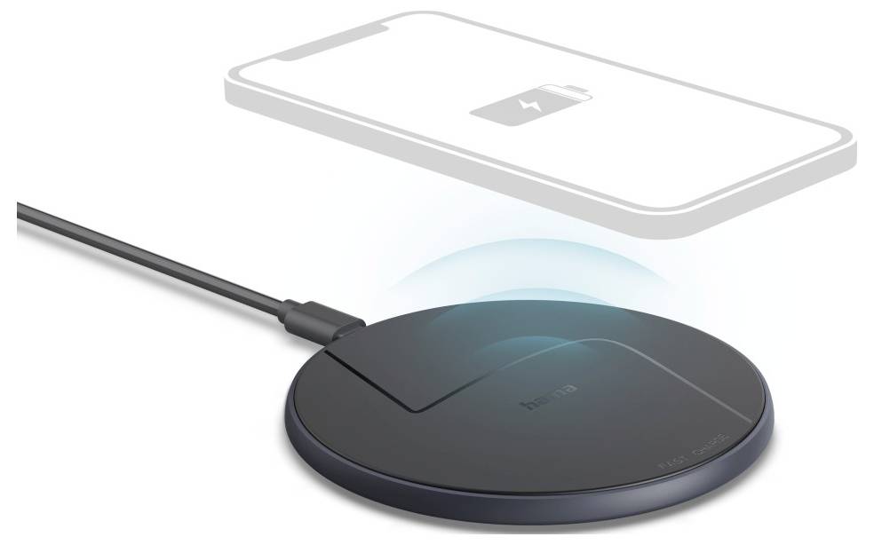 A wireless charging pad with a phone hovering above it, indicating charging with a battery symbol.