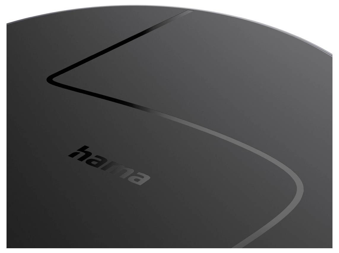 A sleek, glossy black surface with curved lines and the word 'hama' in subtle, reflective lettering.