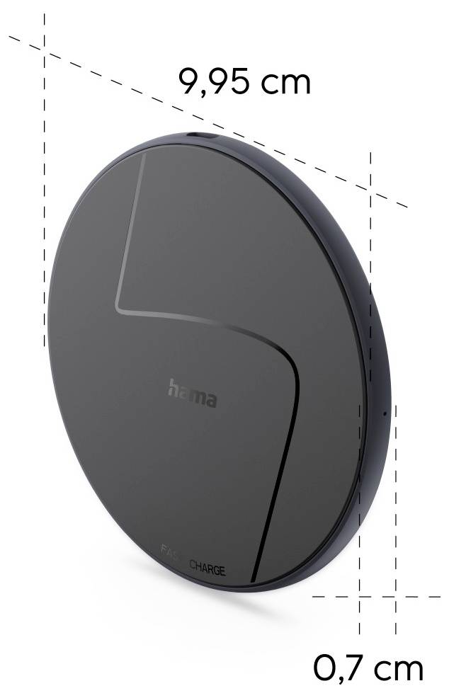 'Wireless Charging Pad, 9.95 cm diameter, 0.7 cm thickness, black.'
