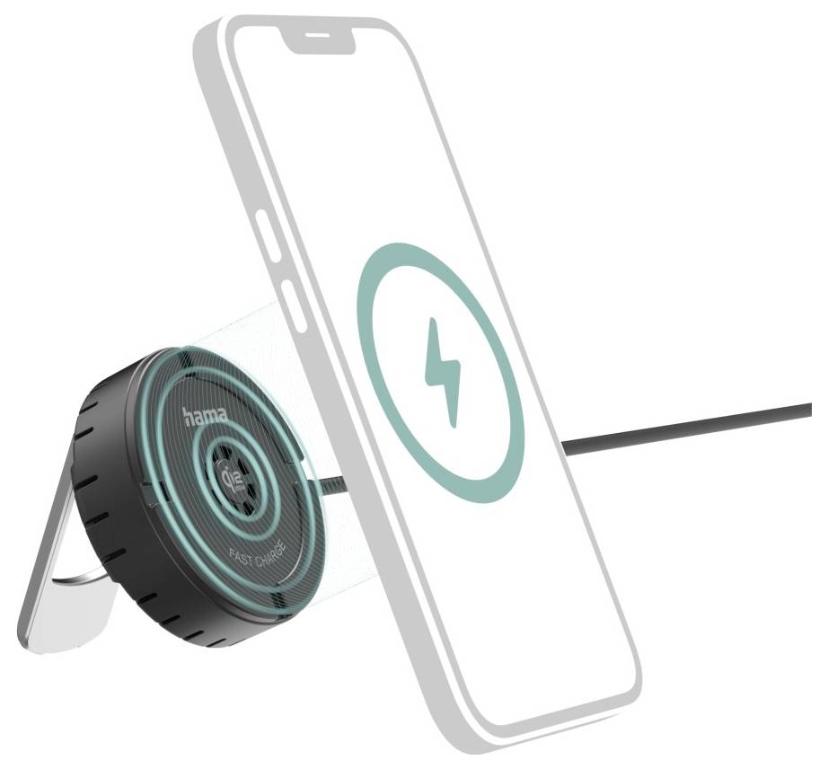 Wireless charging illustration showing a smartphone on a stand with a charger emitting signals.