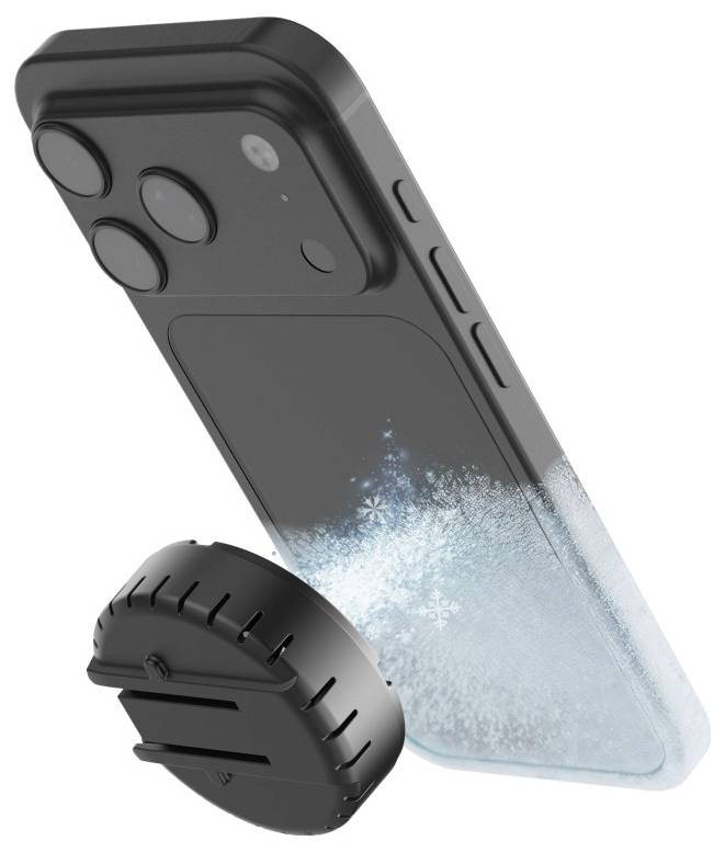 A smartphone with a frosted case and a detachable black grip holder.
