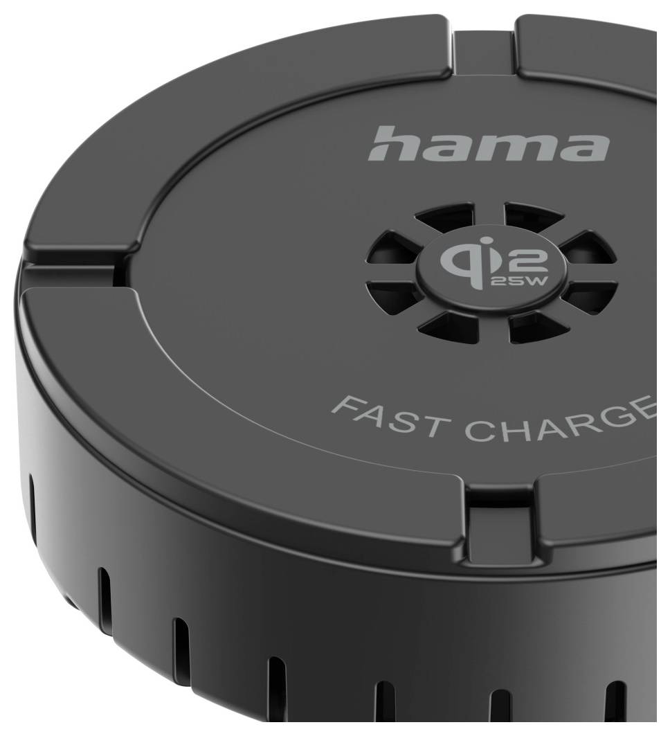 A circular black Hama wireless charger labeled 'qi 2 25W FAST CHARGE', designed for fast charging compatible devices.