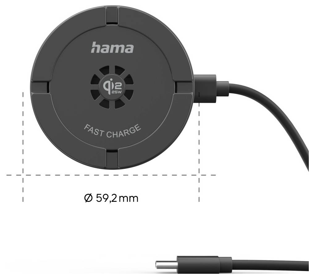 Round wireless charger viewed from above, labeled 'Hama' and 'Fast Charge', with a diameter of 59.2mm; connected via USB-C cable.