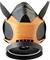 Respirator mask with an orange and black design, featuring straps and a connector for filters.