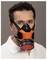 A person wearing an orange and black industrial respirator mask, posing against a neutral background.