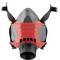 A red and black protective full-face respiratory mask with adjustable straps, designed for industrial use; features a circular breathing filter.