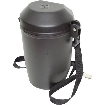 A black cylindrical container with a hexagonal lid and a detachable shoulder strap, used for carrying and protecting items.