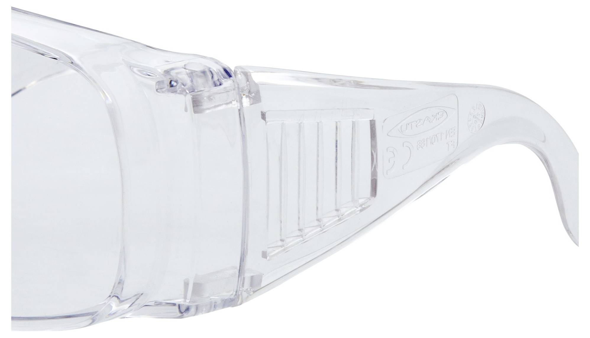 Clear safety glasses with wraparound arms and ribbed grip for secure fit, providing eye protection.