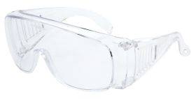 Clear safety goggles designed for eye protection, featuring wrap-around arms and side shields.