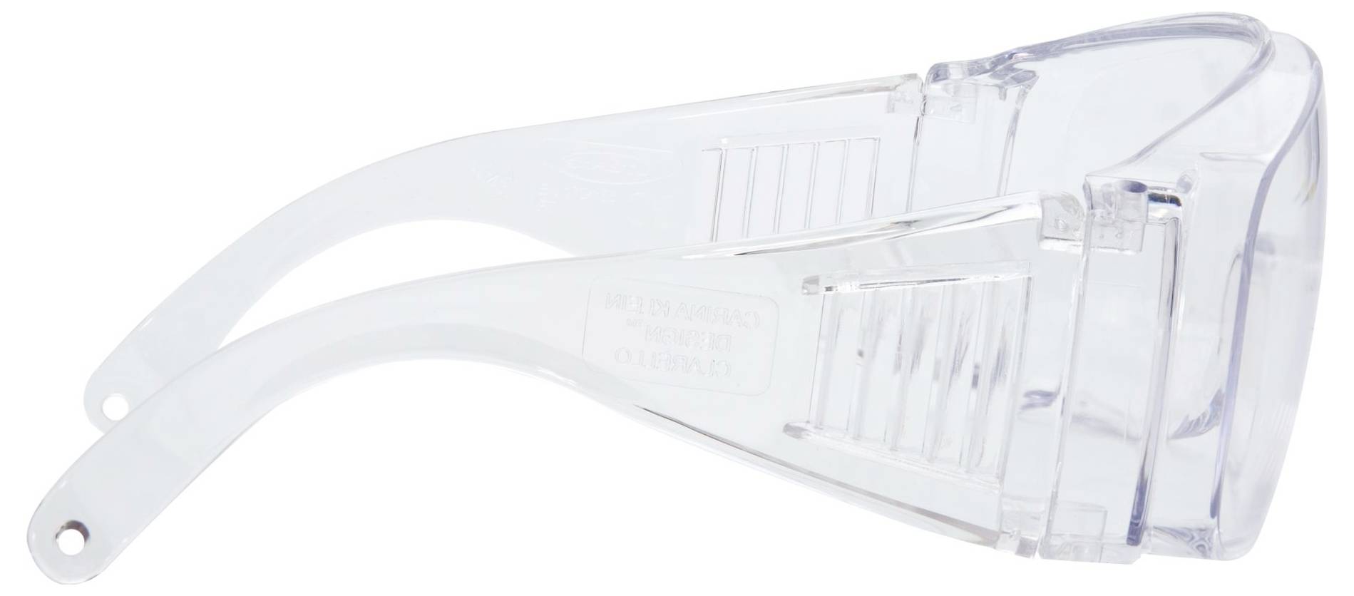 Clear plastic protective safety glasses viewed from the side, showing their wrap-around design and adjustable temple.
