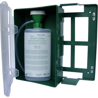 'EKASTU safety eyewash bottle' in a green wall-mounted case with an open door, showing the nozzle and hose for emergency eye care.
