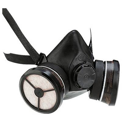 A black respirator mask with dual round filters on each side, designed for protection against particulates and gases, with adjustable straps.