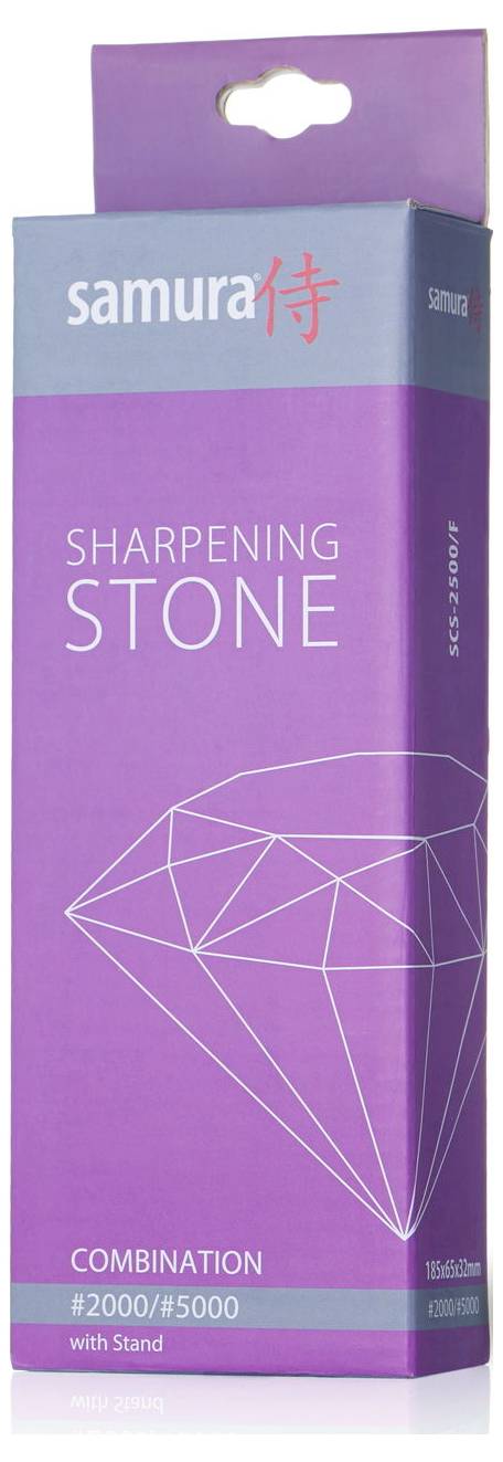 'Samura' sharpening stone packaging with a purple background, featuring a geometric design and labeled 'Combination #2000/#5000 with Stand.'
