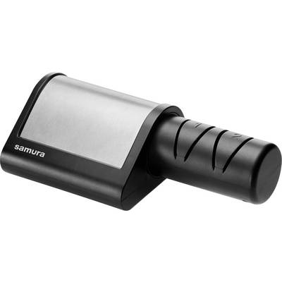 A black knife sharpener with a metallic top and the brand name on the side. It has two sharpening grooves on the cylindrical handle.