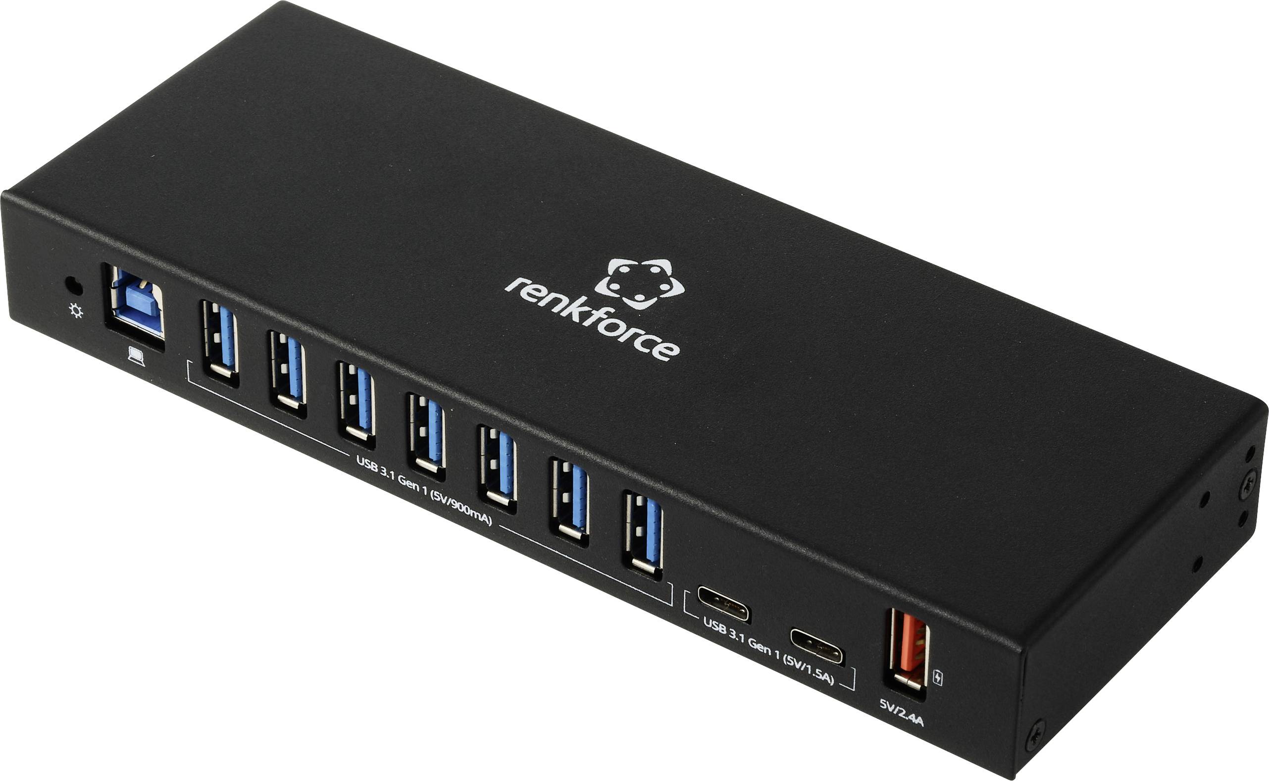 Black Renkforce USB hub with seven blue USB-A ports, one USB-C port, and one red USB-A port labeled 'BC 1.2'.