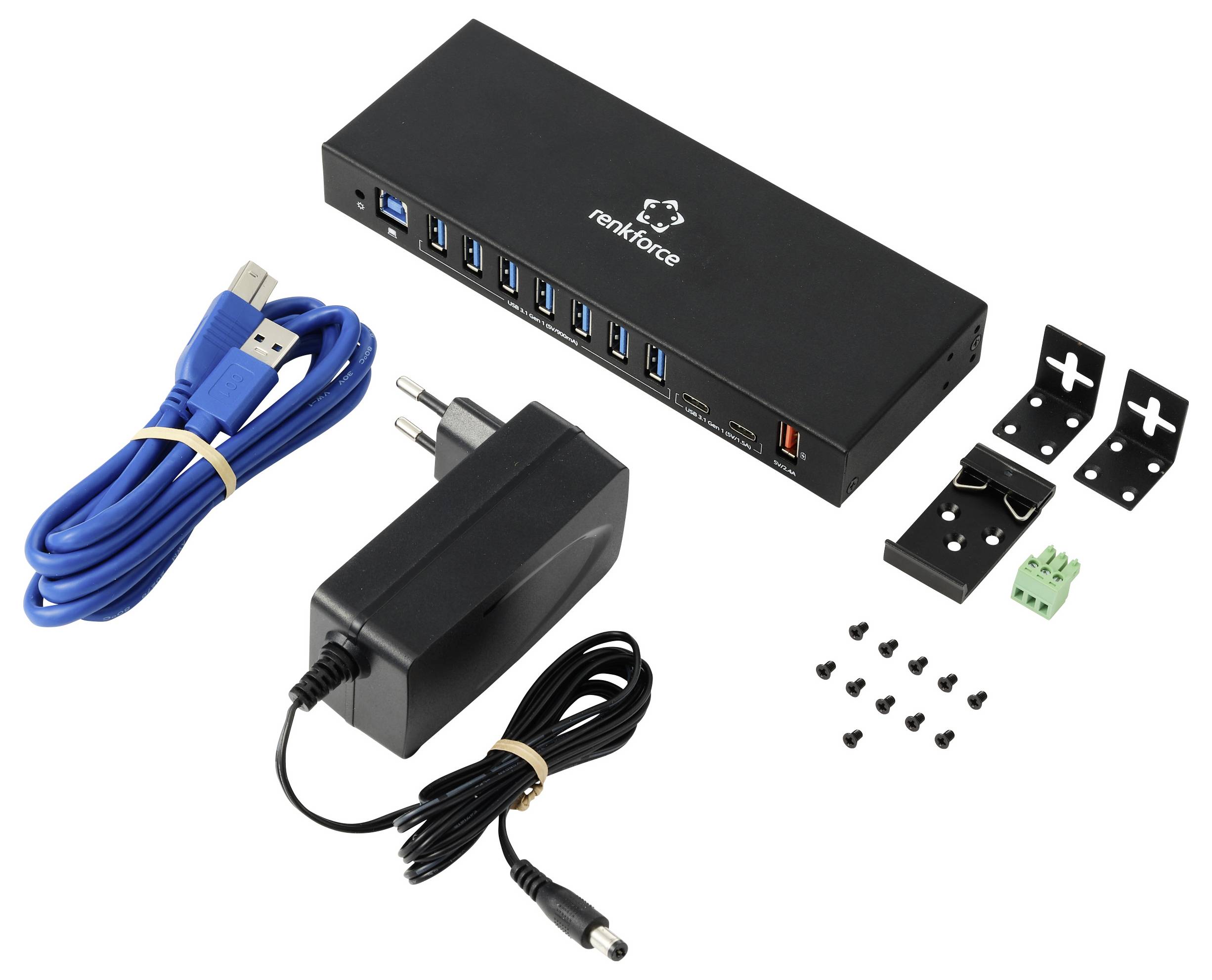 USB 3.0 hub kit with black 7-port hub, blue USB cable, power adapter, mounting brackets, green terminal block, and screws.
