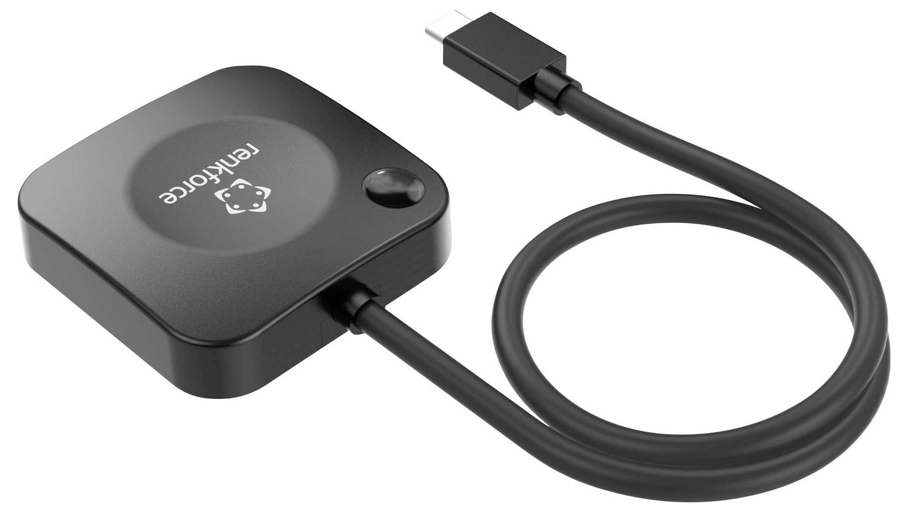 Black square Tenforce device with a built-in coiled USB cable and connector, shown on a white background.