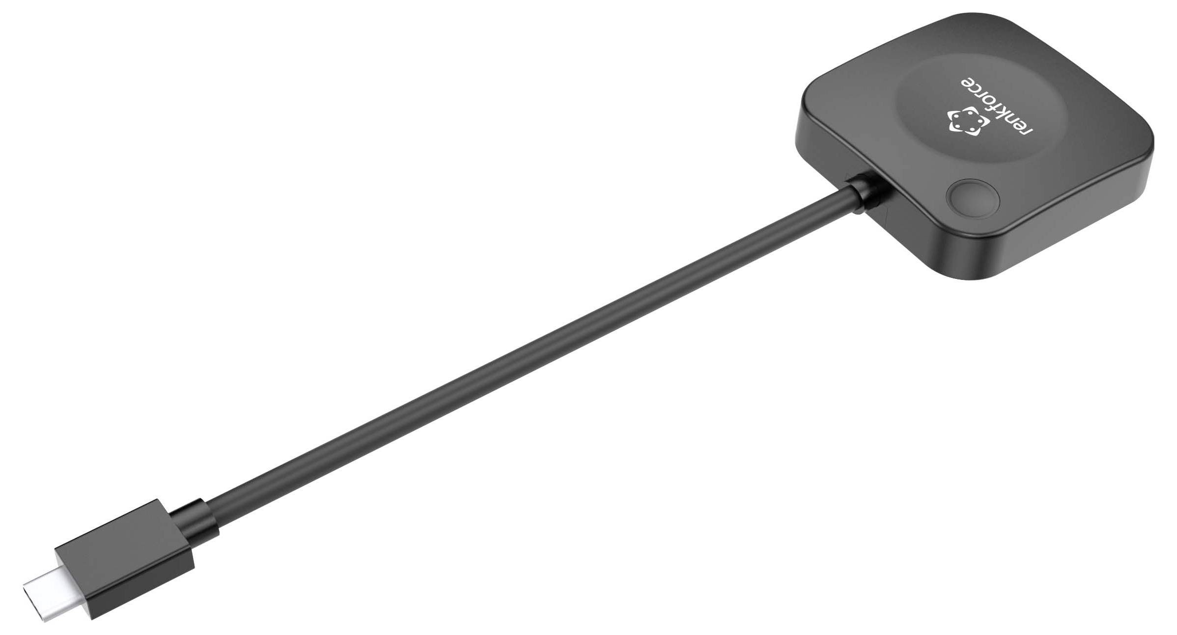 Black USB-C to HDMI adapter dongle with a short cable and square receiver labeled 'miracle'<br>