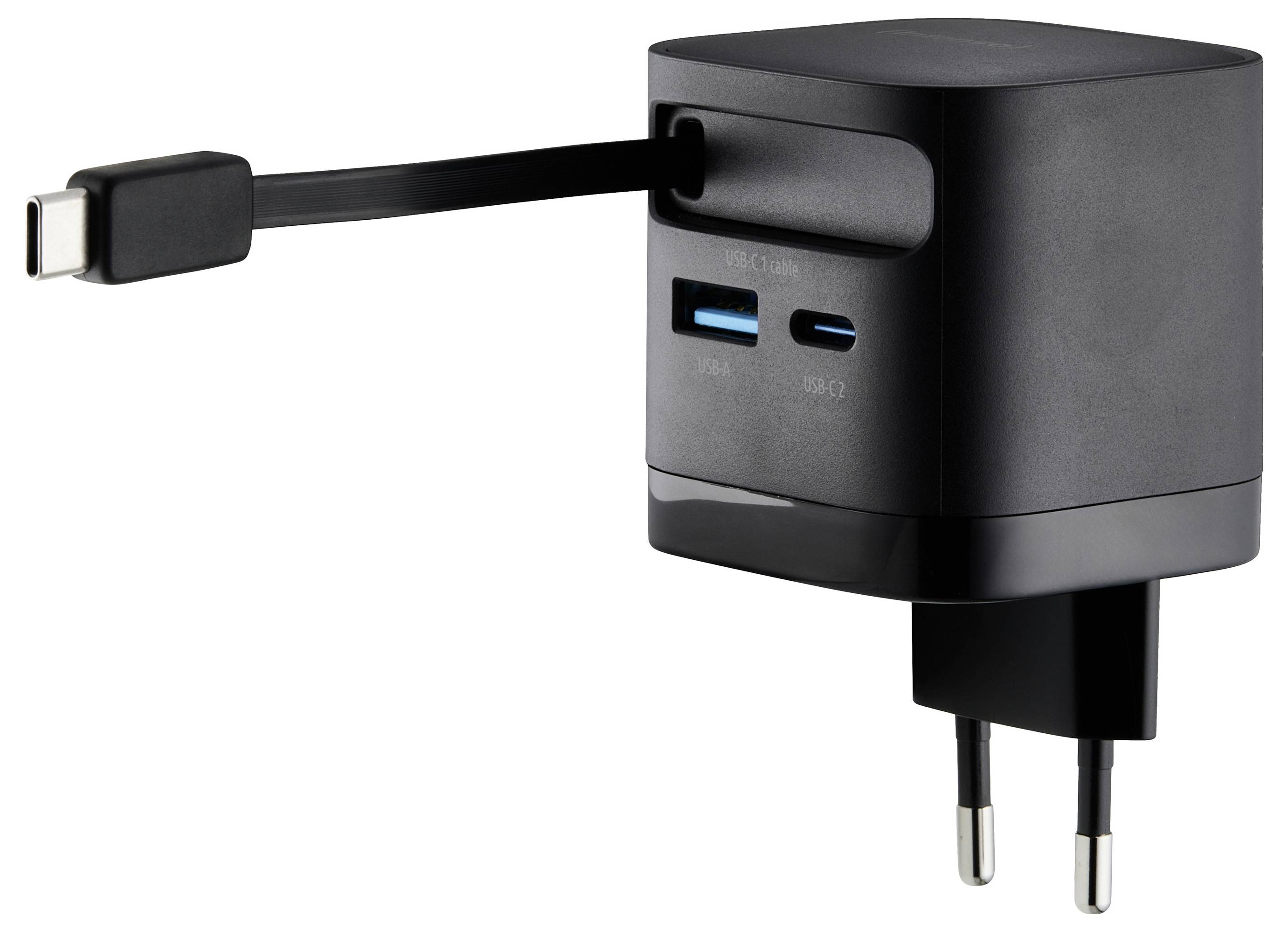 A black multi-port USB charger with EU plug and attached USB-C cable, designed for charging multiple electronic devices simultaneously.